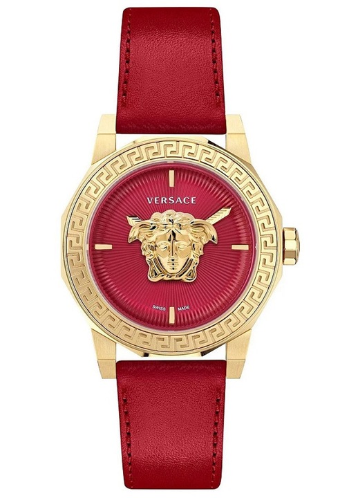 Ceas dama Versace, curea din piele, rosu/auriu