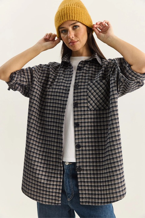 Camasa poplin Bianco Lucci supradimensionata, carouri, albastru, bumbac, One Size INTL