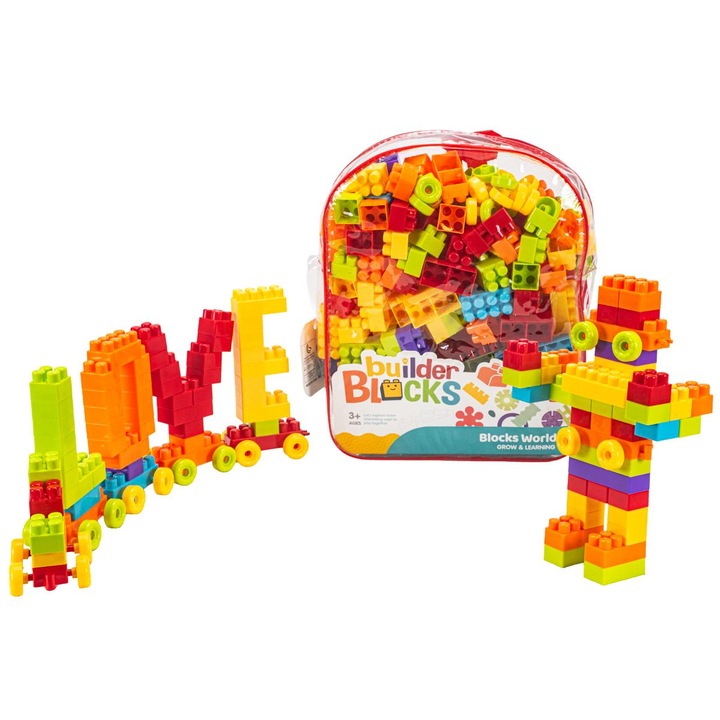 Set De Constructie, Builder Blocks, 188D-59, 30 x 24 x 7 cm, 200 Piese Set, Pentru Copii, 3 Ani +, Pentru Baieti Si Fete, Cu Mese De Baza, Cerativa, Educationala, Plastic, Multicolor