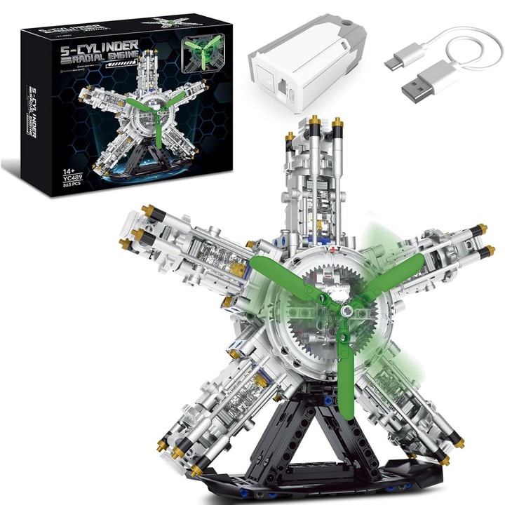 Комплект за изграждане на 5-цилиндров радиален двигател, 863 части, електрически мотор с 2 скорости и въртящо се витло, STEM играчка за възраст 14+