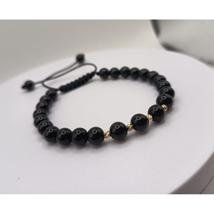 Bratara Unisex cu 4 Bile din AUR 14K si Onix lucios, pe snur reglabil