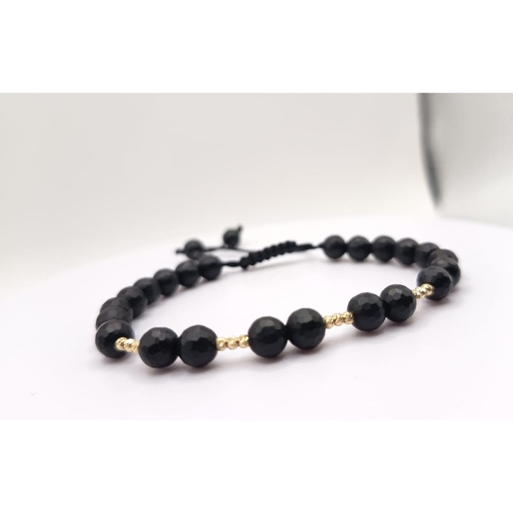 Bratara Unisex cu 12 Bile din AUR 14K si Cristale Semipretioase, pe snur reglabil