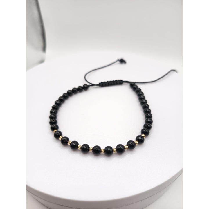 Bratara Unisex cu 10 Bile Aur 14K si Onix Lucios, pe snur reglabil