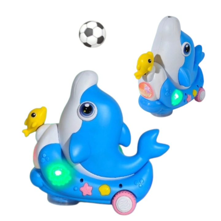 Jucarie Interactiva Delfin cu Lumina, muzica, sunete si proiectie, minge care leviteaza, mers universal si evitare automata a obstacolelor, culoare alb / albastru