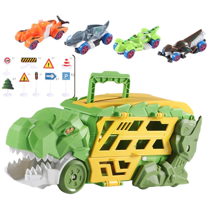 Jucarie Interactiva pentru Copii Set Masinute cu Dinozaur Transportor, 4 Masini de Cursa, 12 Semne de Circulatie, Depozitare Tip Valiza, pista de lansare, accesorii incluse