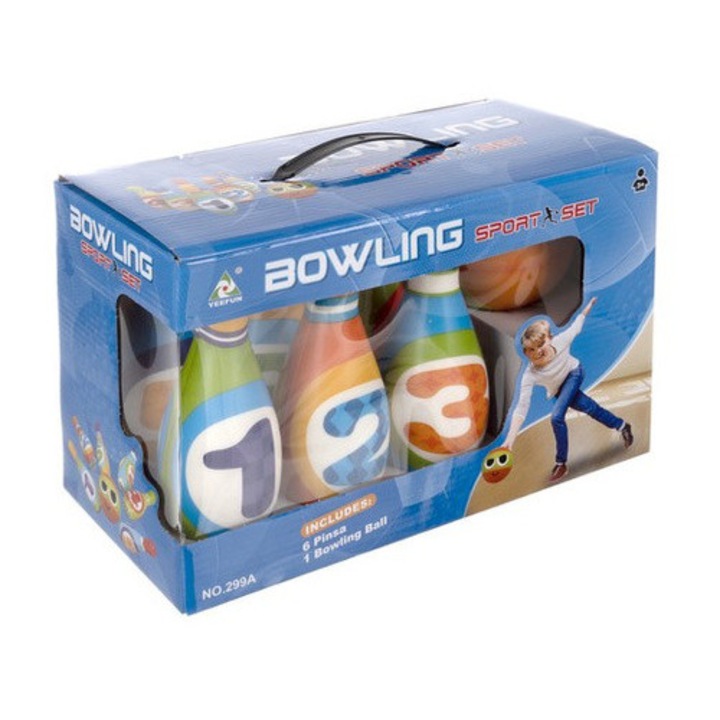 Set bowling copii din spuma PU, 5 popice + minge, cu cifre, multicolor, pentru copii 3+, joc educativ si distractiv