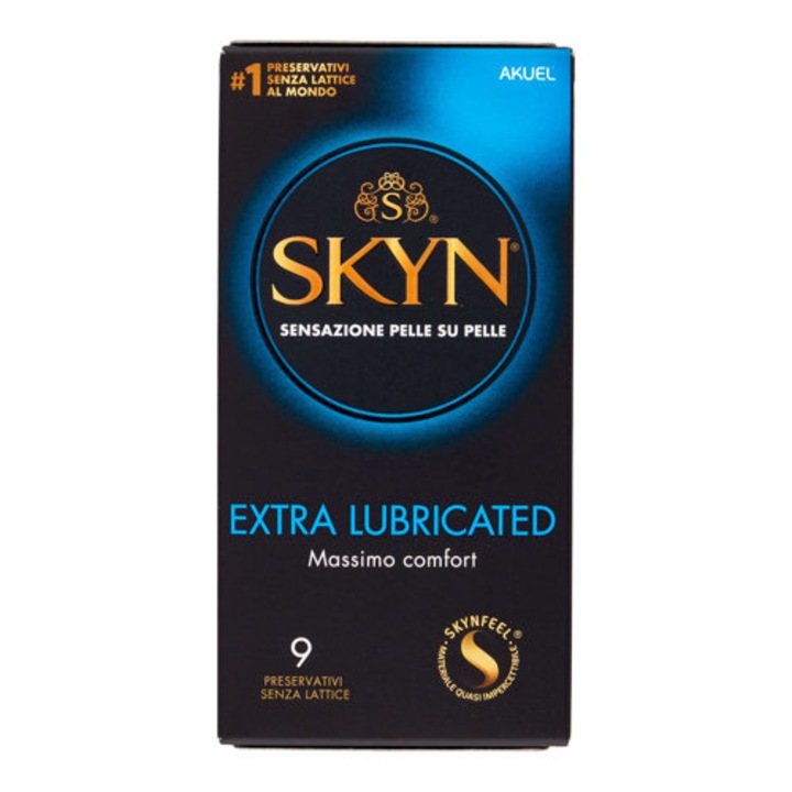 Prezervative Hidratate Fara Latex, Skyn, Acoperite Cu Un Lubrifiant Care Dureaza Cu 40% Mai Mult, Material Inovator Polyisoprene, 53 mm Latime, Transparent, 9 Buc