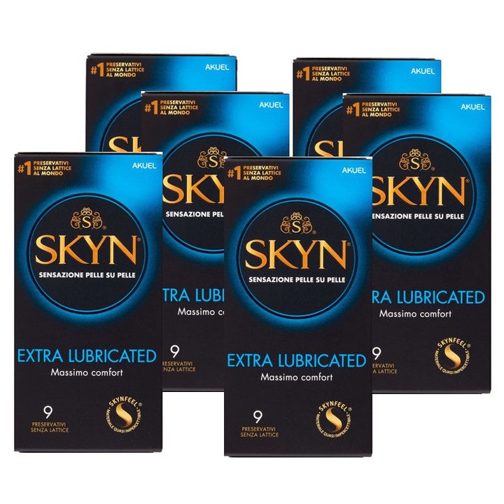 Prezervative Hidratate Fara Latex, Skyn, Acoperite Cu Un Lubrifiant Care Dureaza Cu 40% Mai Mult, Material Inovator Polyisoprene, 53 mm Latime, Transparent, 54 Buc (6x9)