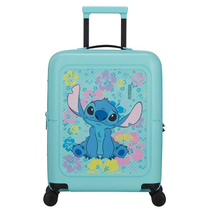 Troler American Tourister, model Disney Stitch Flower, 55x40x20cm, polipropilena, albastru