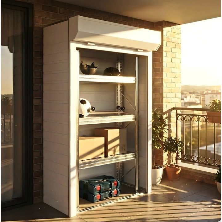 Dulap depozitare pentru balcon ParkingBox® BalconBox, Metalic, depozitare unelte, cutii, echipament sport, perfect pentru interior, terasa, Raft spatios cu polite reglabile, Usa rulou, 110x210x55 cm, Alb