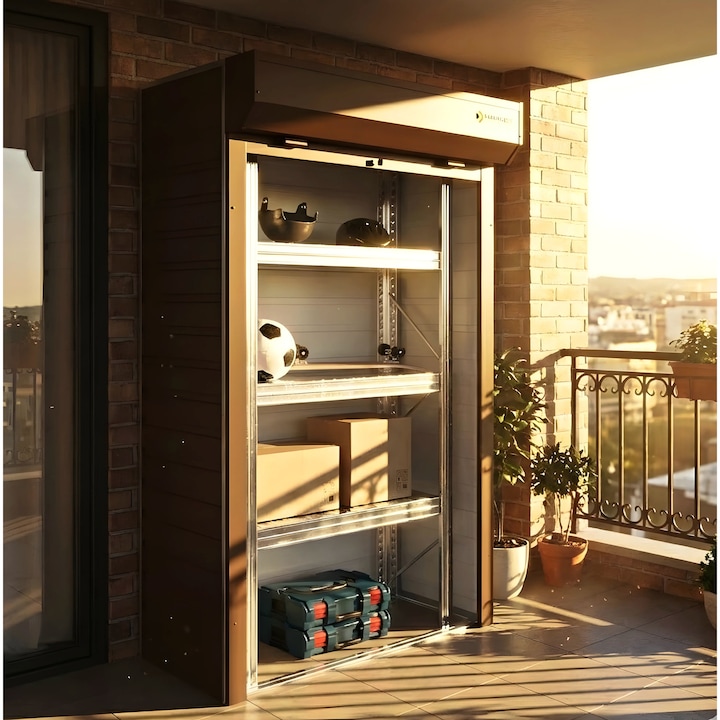 Dulap depozitare pentru balcon ParkingBox® BalconBox, Metalic, depozitare unelte, cutii, echipament sport, perfect pentru interior, terasa, Raft spatios cu polite reglabile, Usa rulou, 110x210x55 cm, Maro