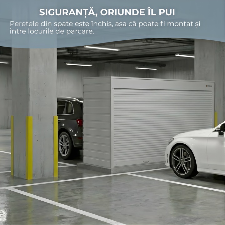 Шкаф за съхранение на велосипеди и скутери ParkingBox BikeBox за закрито, за интериор, подземен паркинг, балкон, гараж, ролетна врата със заключване, просторен, издръжлив, метален, 200x140x90 см, сив/сребрист