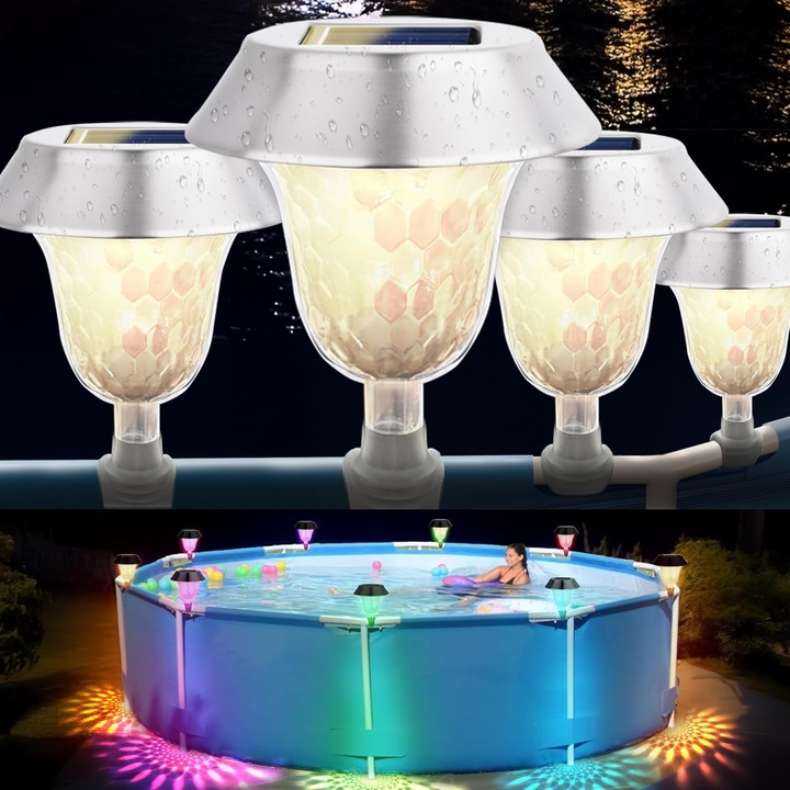 Set 4 Lampi solare pentru piscina/gard, RGB si Alb Cald, IP65