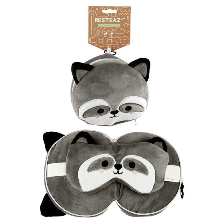Perna de calatorie rotunda Resteazzz Raccoon cu masca pentru ochi, PUCKATOR, 17cm