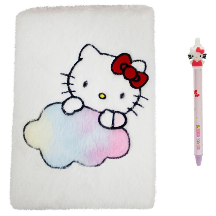Set caiet notite cu Hello Kitty, CYP BRANDS, moale la atingere + stilou sters, 24x2,6x2,6cm