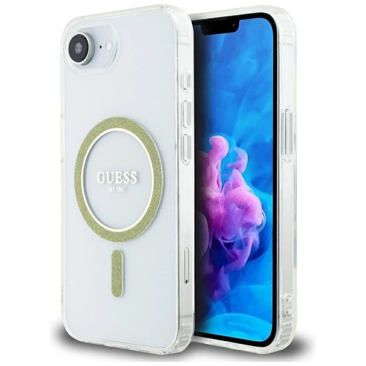 Husa telefon Guess IML Glitter Circle MagSafe, transparent, pentru iPhone 16e, material TPU/PC