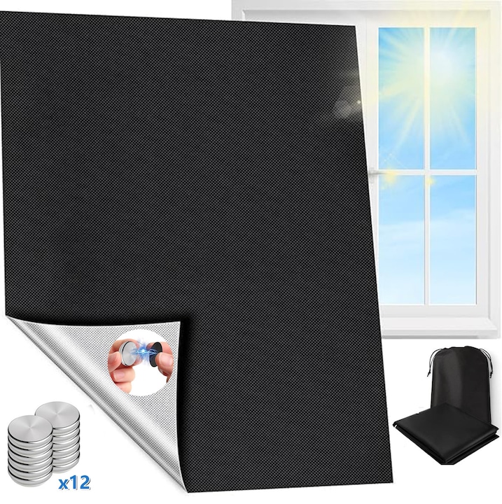 Jaluzele opace YOUKUKE, 100x146cm, cu montare magnetica, 12 perechi magneti, negru-argintiu