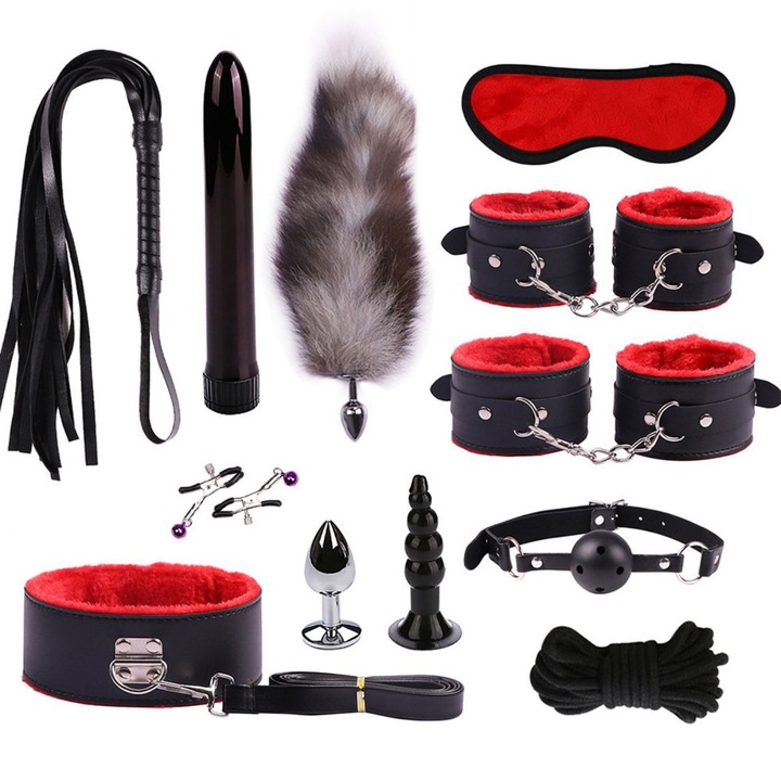 Set 12 Jucarii Erotice, BDSM, Piele Ecologica, Bondage, Catuse, Calus Cu Bila, Zgarda, Bici, Pana, Plugi anale, Dildo, marime universala, pentru adulti, Rosu