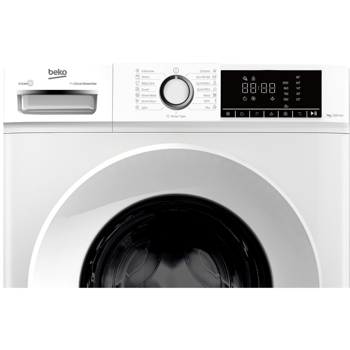 Masina de spalat rufe frontala Beko B1WFM2721WEE, 7 kg, 1200 RPM, Clasa A, 15 programe, Digital Display, SteamCure, Child Lock, Alb