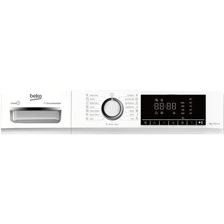 Masina de spalat rufe frontala Beko B1WFM2721WEE, 7 kg, 1200 RPM, Clasa A, 15 programe, Digital Display, SteamCure, Child Lock, Alb
