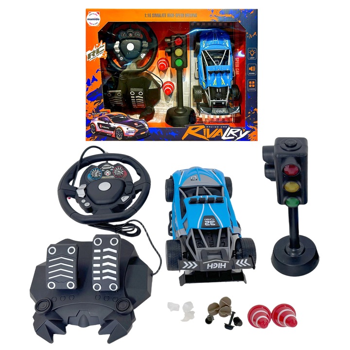 Mamido Кола с дистанционно управление 1:16 състезателен модел с волан, педали и светофари синя MT1345