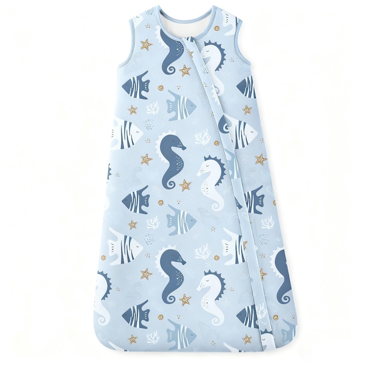 Giftry® Sac de dormit pentru bebelusi, 6-18 luni, 100% bumbac, 1.0 TOG, fara maneci, fermoar dublu, confort termic, model animale marine, albastru
