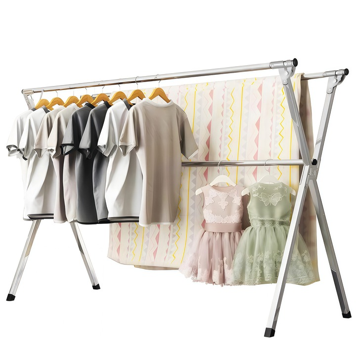 Сушилник за дрехи Wacorresi, с 20 противоплъзгащи куки, сгъваем, метал, прибираща се дължина 150-240 см, за вътрешна и външна употреба, сив