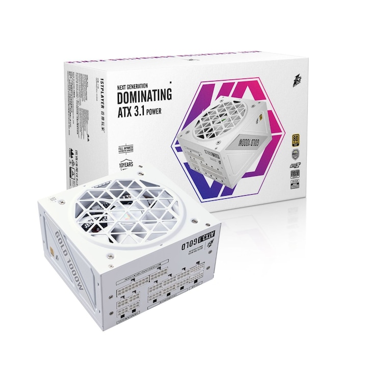 Sursa PC 1stPlayer® 1000W, 80 PLUS® Gold, Full Modular, ATX 3.1, PCIe 5.1, PFC activ, NGDP HA-1000BA4. alb