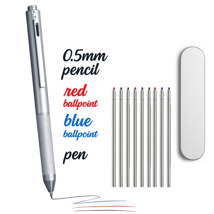 Pix gravitational / Gravity Pen multifunctional 4 in 1 SOFIEV®, pix rosu, albastru, negru + creion mecanic 0.5mm, Pix multicolor cu 10 rezerve pix si 20 mine creion, cutie metalica eleganta cadou, Argintiu