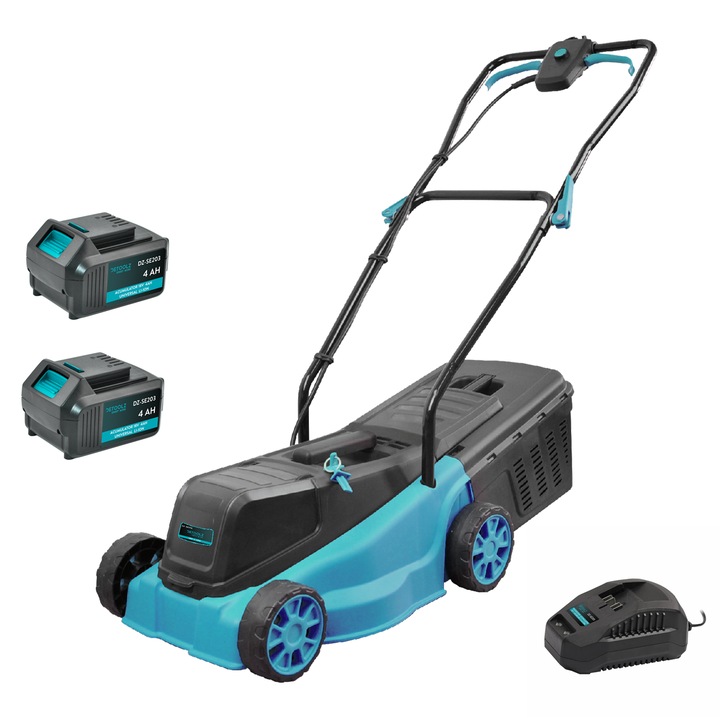Masina de tuns gazon Detoolz, 18V, latime de taiere 32cm, colector 20L + Incarcator + 2 acumulatori