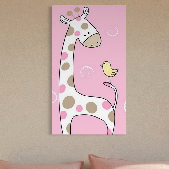 Tablou Canvas Premium, LuxCanva® K1031, Girafa si Puiul, 40 X 70 CM, Panza Bumbac 100% 400g/m2, Sasiu, Lemn, Prietenie, Varf, Coada, Roz, Povesti, Zambete, Pastelat, Suflete, Joaca, Inocenta, Copil, Creativitate, Camera Copil, Dormitor