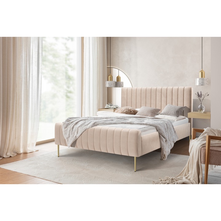 Pat Tapitat, Meble Bogart, Nicloe Salvador, PAL, Tapitat, Pat, Standard, Compatibilitate saltea 160 x 200, Bej, Picioare Aurii