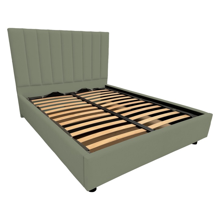 Pat dublu tapitat Primo cu picioare, spatiu de depozitare si somiera rabatabila, verde maslin, 180x200