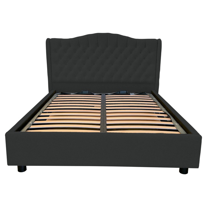 Pat dublu tapitat Rivento cu picioare, spatiu de depozitare si somiera rabatabila, gri antracit, 140x200