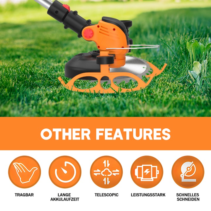 Електрическа косачка за трева, Bedee®, с 2 батерии 3Ah, 15000RPM, 100W, Регулируема глава и дръжка, косачка 3 в 1, дизайн с плъзгаща релса за поддържане и насочване на косачката, оранжева