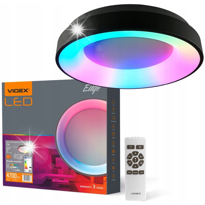 LED плафониера RGB 72W, Videx, 45x45см, черна, с дистанционно управление