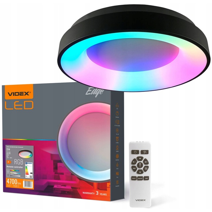Плафониера LED RGB 72W, Videx, 450x450x80мм, черна, димируема с дистанционно управление
