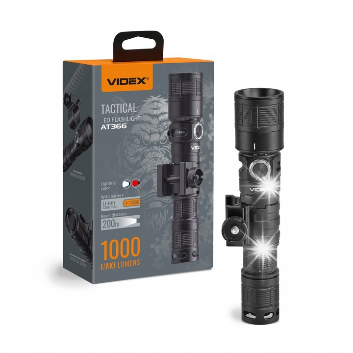 LED тактически фенер Videx VLF-AT366 1000Lm 5000K, черен, 145mm x 30mm, пълен комплект