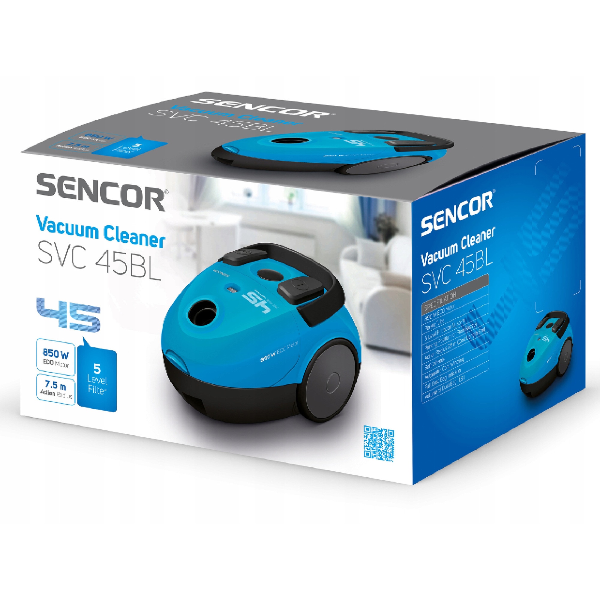 Aspirator cu sac Sencor SVC 45BL-EUE3, 850W, ergonomic, albastru, 21x25,5x34,5cm