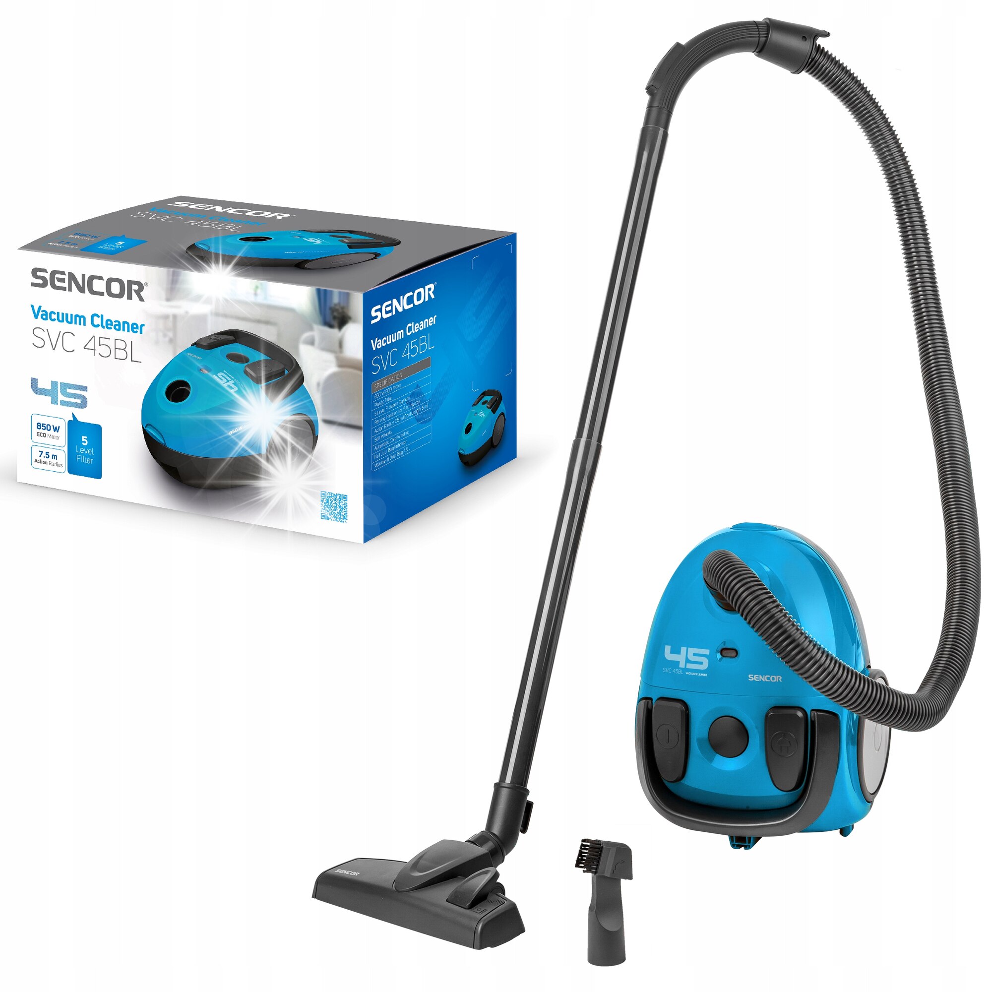 Aspirator cu sac Sencor SVC 45BL-EUE3, 850W, ergonomic, albastru, 21x25,5x34,5cm