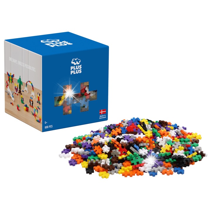 Plus-Plus Mini Basic Építőkészlet, 600 darab, alapszínek, 20mm, 11x11x11cm