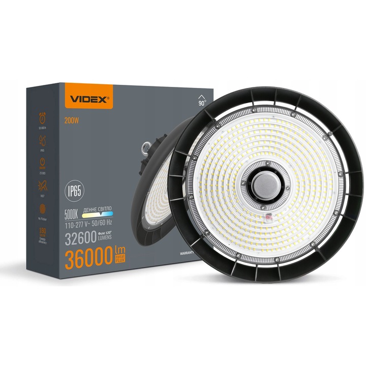 Индустриална лампа Videx High Bay 200W 5000K черна 157x347x347mm