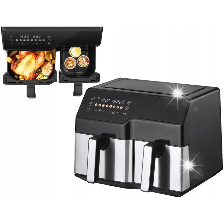 Friteuza Air Fryer DUAL 10L, 6L+4L, 2500W, egészséges főzés, hőmérséklet-szabályozás