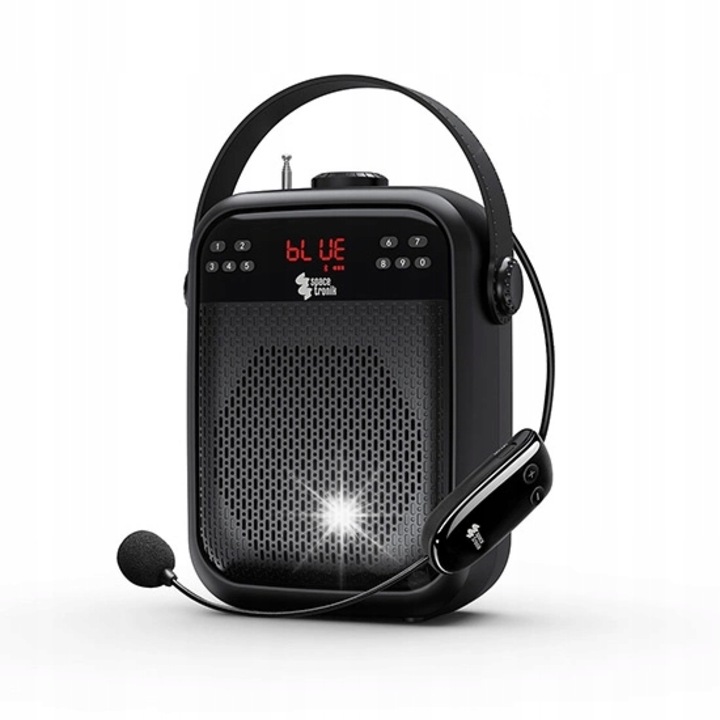 Hordozható erősítő UHF mikrofonnal, 25W, Bluetooth, FM rádió, fekete, Spacetronik