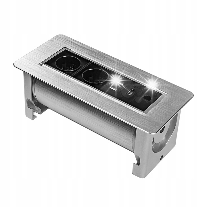 Контакт за плот за мебели Spacetronik SPS-O26S, двоен USB, HDMI, RJ-45, сребрист, 26,3x12см