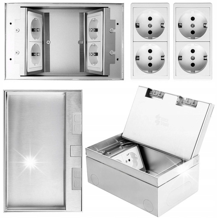 Вграден електрически контакт 4x Schuko, Spacetronik, елегантен дизайн, метален, 20x13x8,5см, сребрист