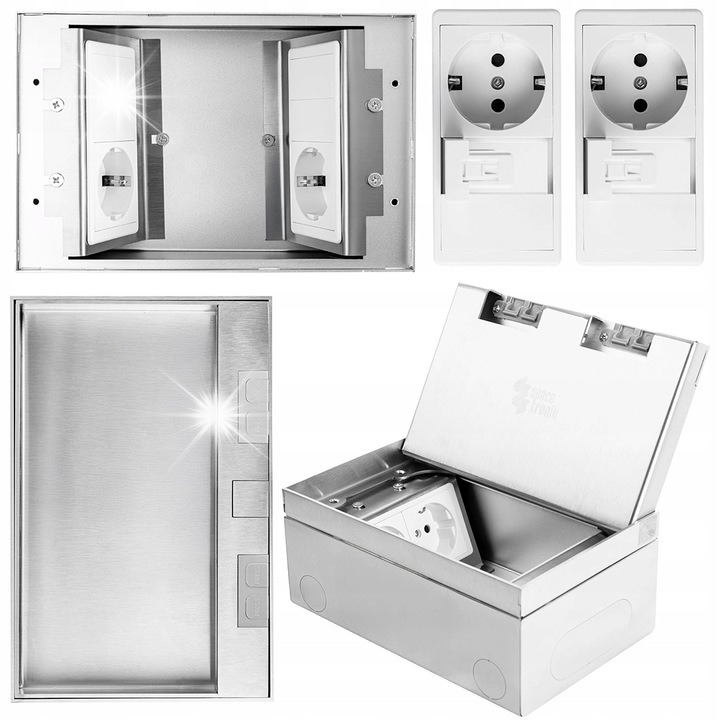 Електрически подов контакт, 2x Schuko, елегантен дизайн, сребрист, 20x13x8,5см, комплект