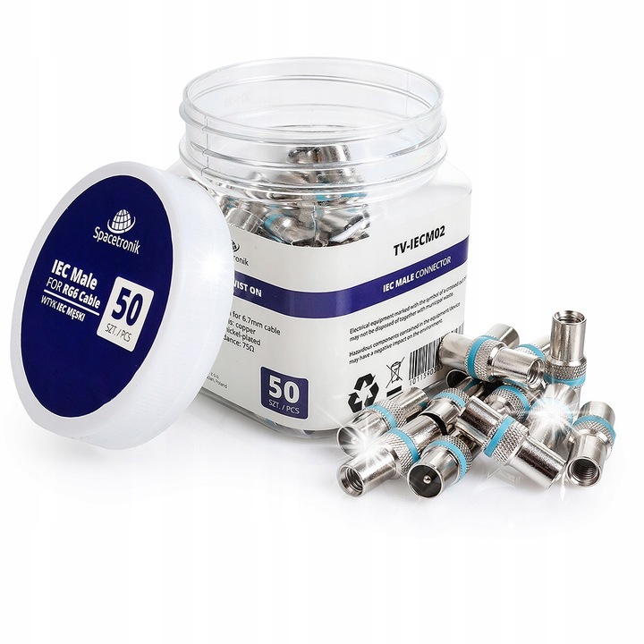 Spacetronik TV IEC anya csatlakozó, csavaros, 50 darab, 75Ω, sárgaréz fogantyúk, nikkelezett