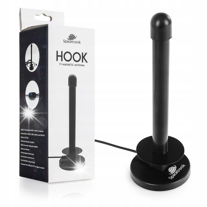 Spacetronik Hook DVB-T/T2 mágneses antenna, 30 dB, 4 m kábel, fekete, beltéri és kültéri használatra