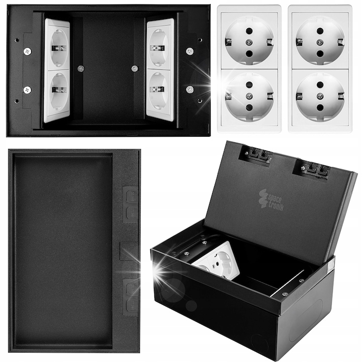 Електрически контакт комплект 4x Schuko Spacetronik SPS-W44B_V3, метал, черен, 20x13x8,5см